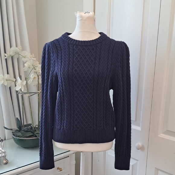 J. Crew Sweaters - J.Crew‎ Womens Navy Cableknit Crewneck Pullover Sweater Puff Sleeves MED
